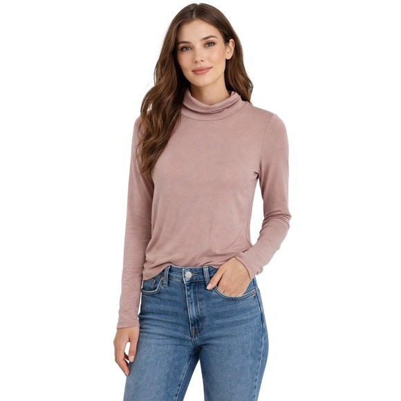 EILEEN FISHER Ribbed Pima Cotton Blend Turtleneck Long Sleeve Top XXS Dusty Rose
